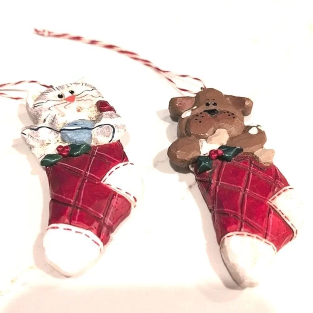 Cat and Dog Christmas Ornaments Artist Signed by Eddie Vintage Set of 2